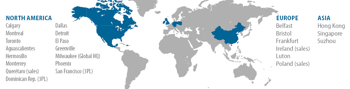 Map of the world displaying office and distribution center locations
